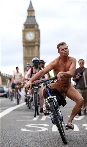 Nude protesters crossing Westminster Bridge World Naked Bike Ride, London, Britain - 13 Jun 2015  (Rex Features via AP Images)