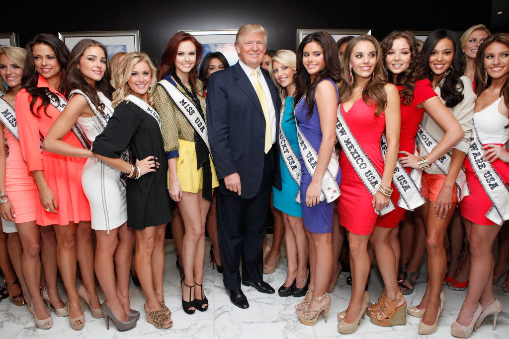 NEW YORK, NY - MAY 08: Donald Trump (C) poses with Miss USA Contestants and Miss USA Alyssa Campanella (center left) at Trump Tower on May 8, 2012 in New York City. (Photo by Cindy Ord/Getty Images)