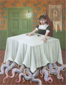 Illustration avec une enfant à table et des tentacules en dessous