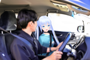 Un homme conduisant une voiture avec sa copine virtuelle